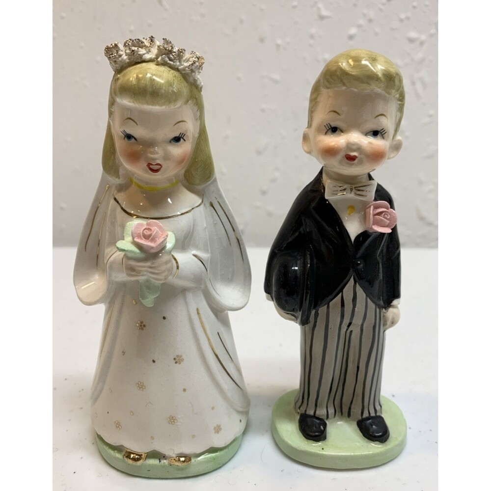 Vtg Napco Ceramic Bride Groom Figurine Cake Topper Japan 5.5" Spaghetti Trim